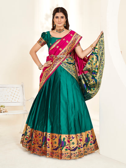 Teal & Pink Zari Woven Paithani Silk Half Saree Lehenga