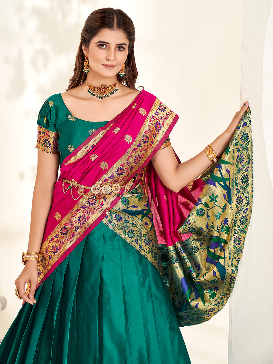 Teal & Pink Zari Woven Paithani Silk Half Saree Lehenga