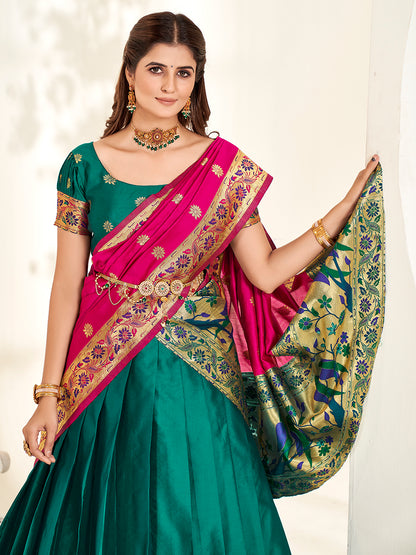 Teal & Pink Zari Woven Paithani Silk Half Saree Lehenga