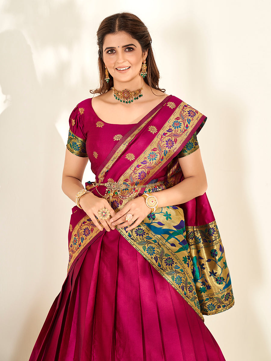 Magenta Pink Zari Woven Paithani Silk Half Saree Lehenga
