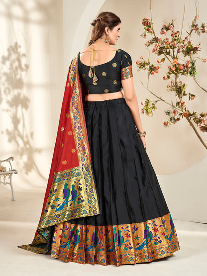 Black & Red Zari Woven Paithani Silk Half Saree Lehenga
