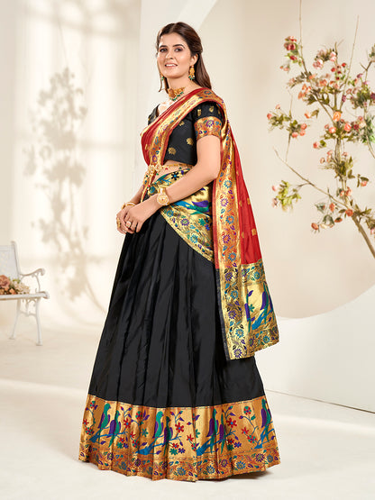 Black & Red Zari Woven Paithani Silk Half Saree Lehenga