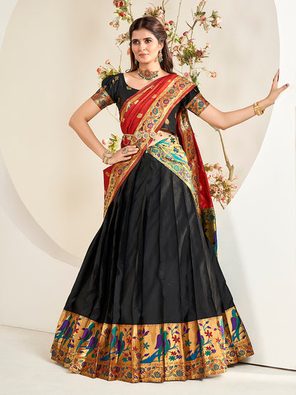 Black & Red Zari Woven Paithani Silk Half Saree Lehenga