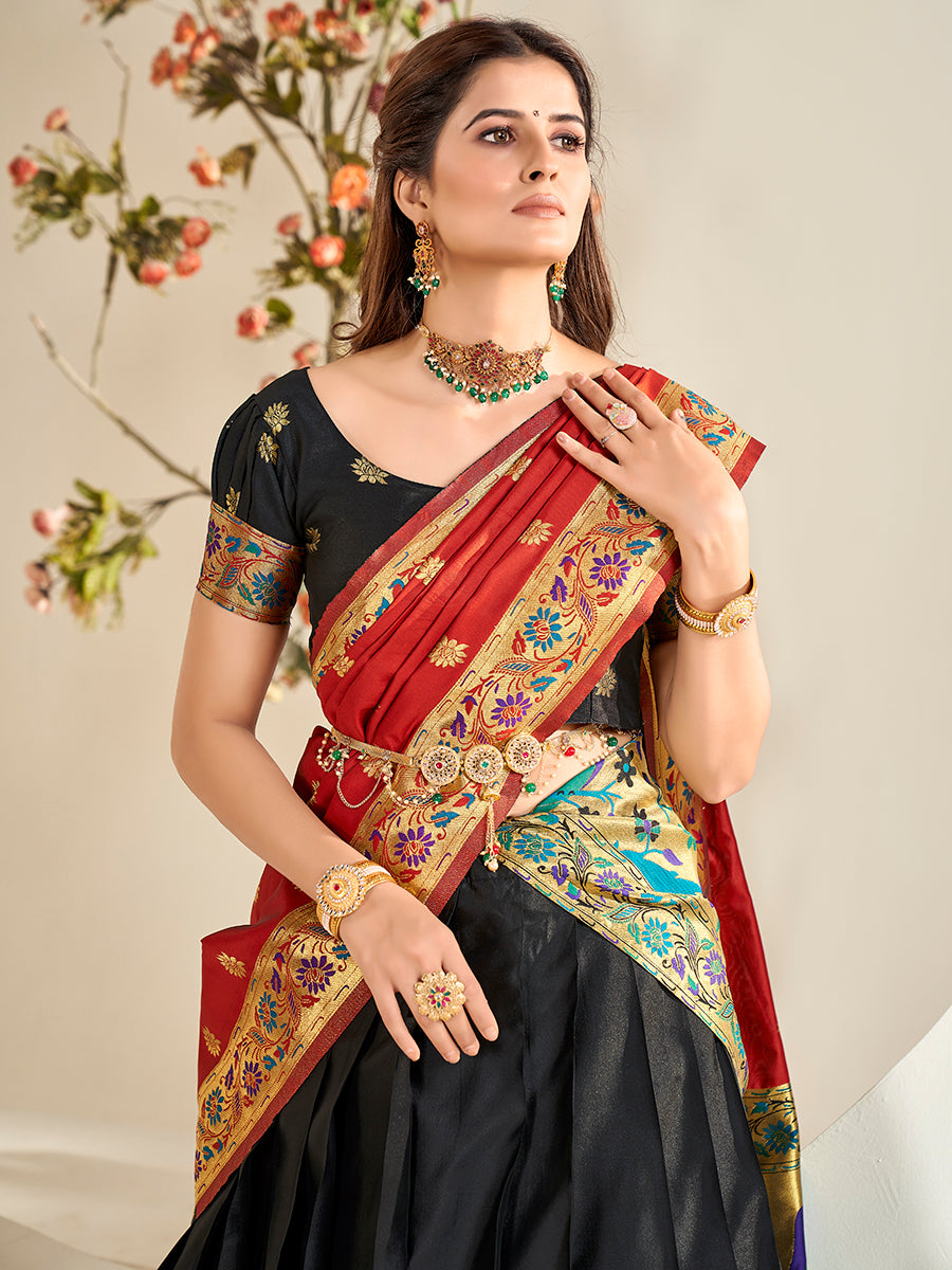 Black & Red Zari Woven Paithani Silk Half Saree Lehenga