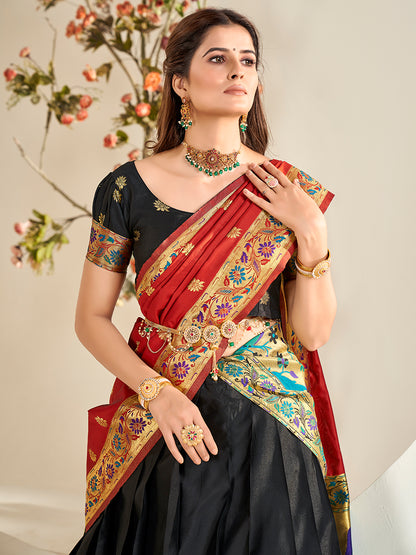 Black & Red Zari Woven Paithani Silk Half Saree Lehenga