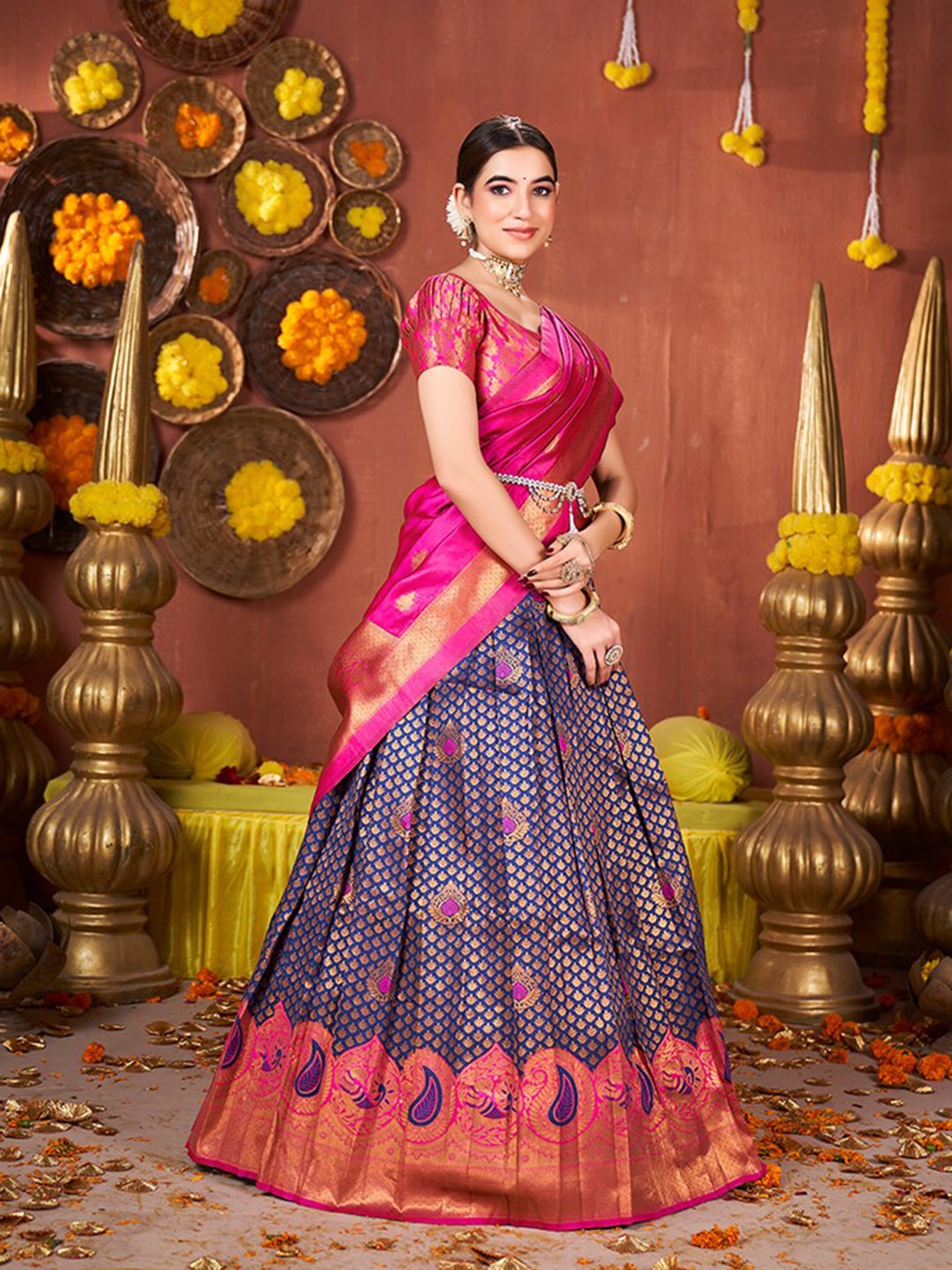 Blue & Pink Banarasi Silk Half Saree Lehenga Choli