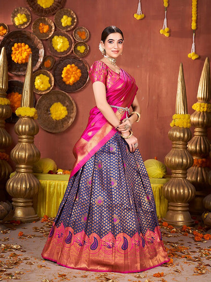 Blue & Pink Banarasi Silk Half Saree Lehenga Choli