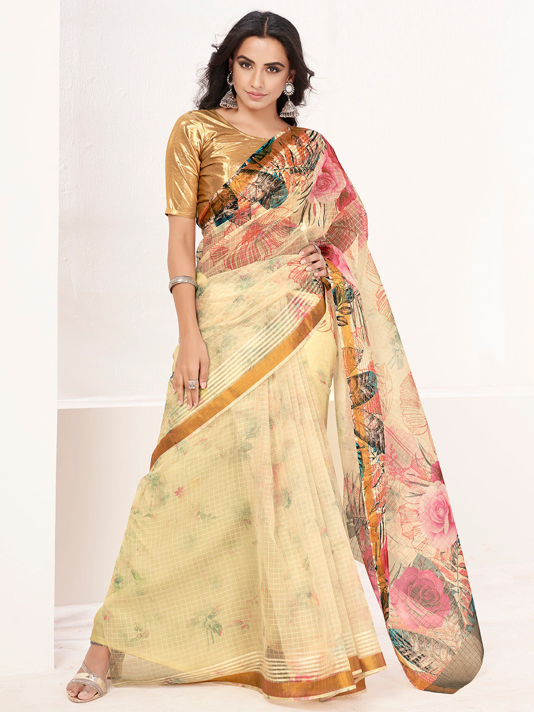 Banana Yellow Floral Digital Printed Cotton Silk Linen Saree