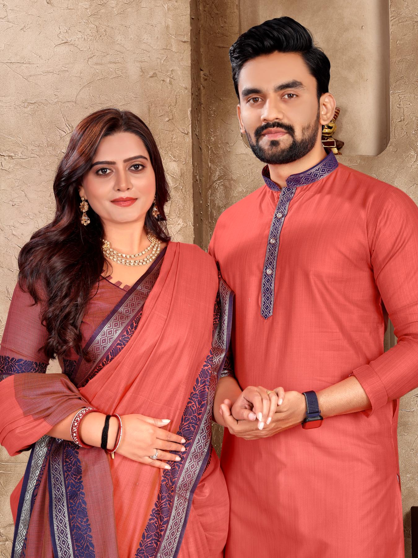 Pink Silk Couple Set with Matching Kurta and Saree