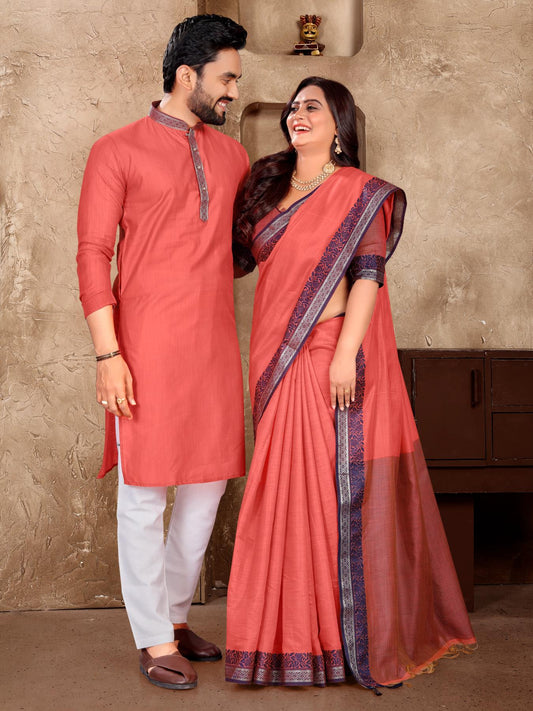 Pink Silk Couple Set with Matching Kurta and Saree