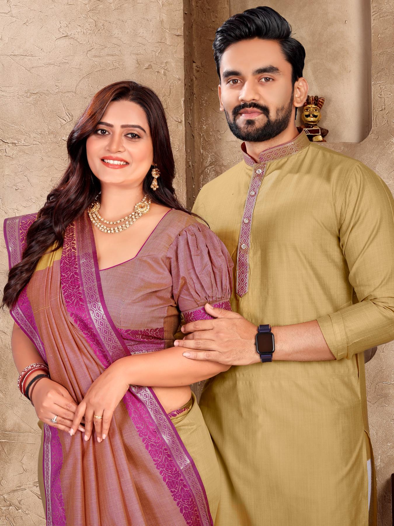 Beige Silk Couple Set with Matching Kurta and Saree