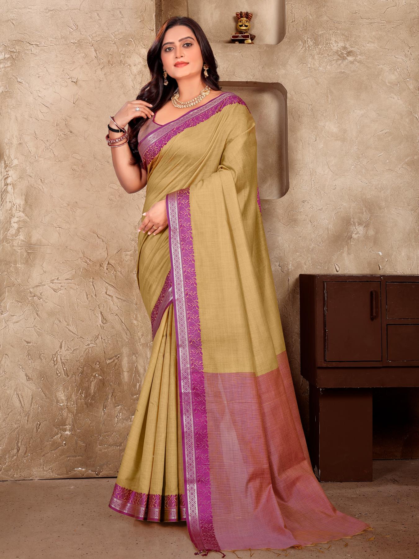 Beige Silk Couple Set with Matching Kurta and Saree