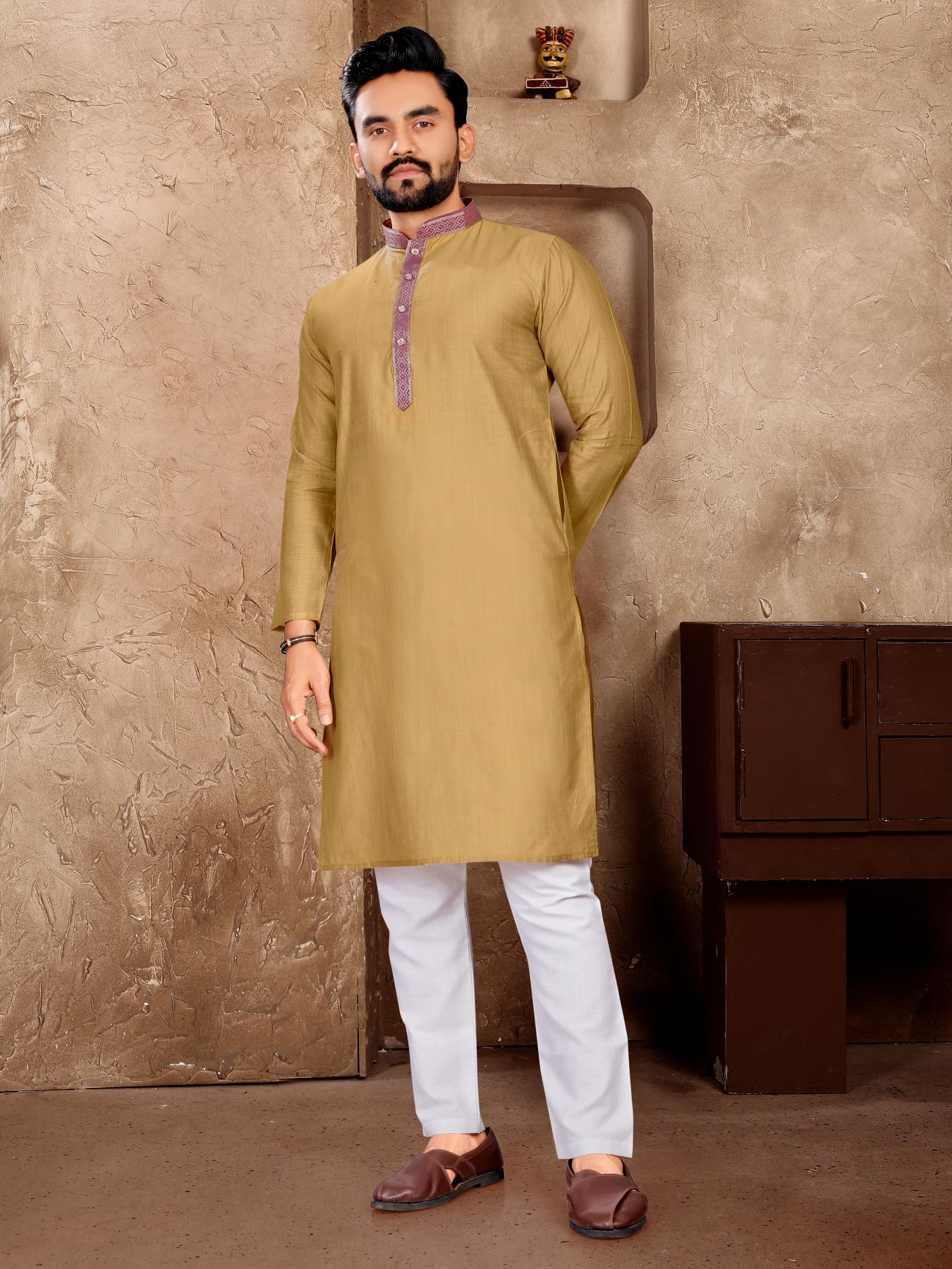 Beige Silk Couple Set with Matching Kurta and Saree