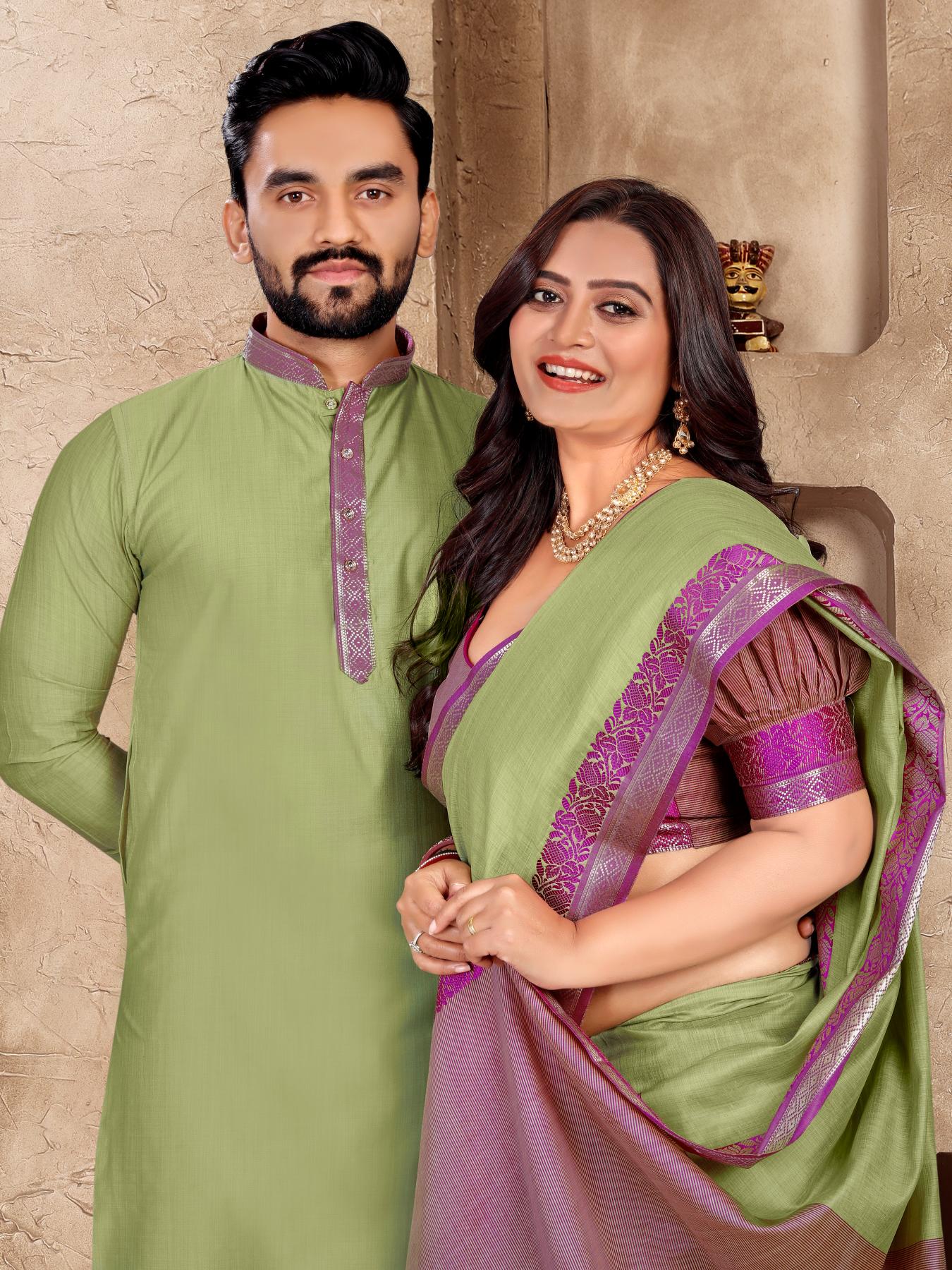 Pista Green Silk Couple Set with Matching Kurta and Saree