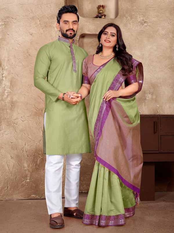 Pista Green Silk Couple Set with Matching Kurta and Saree