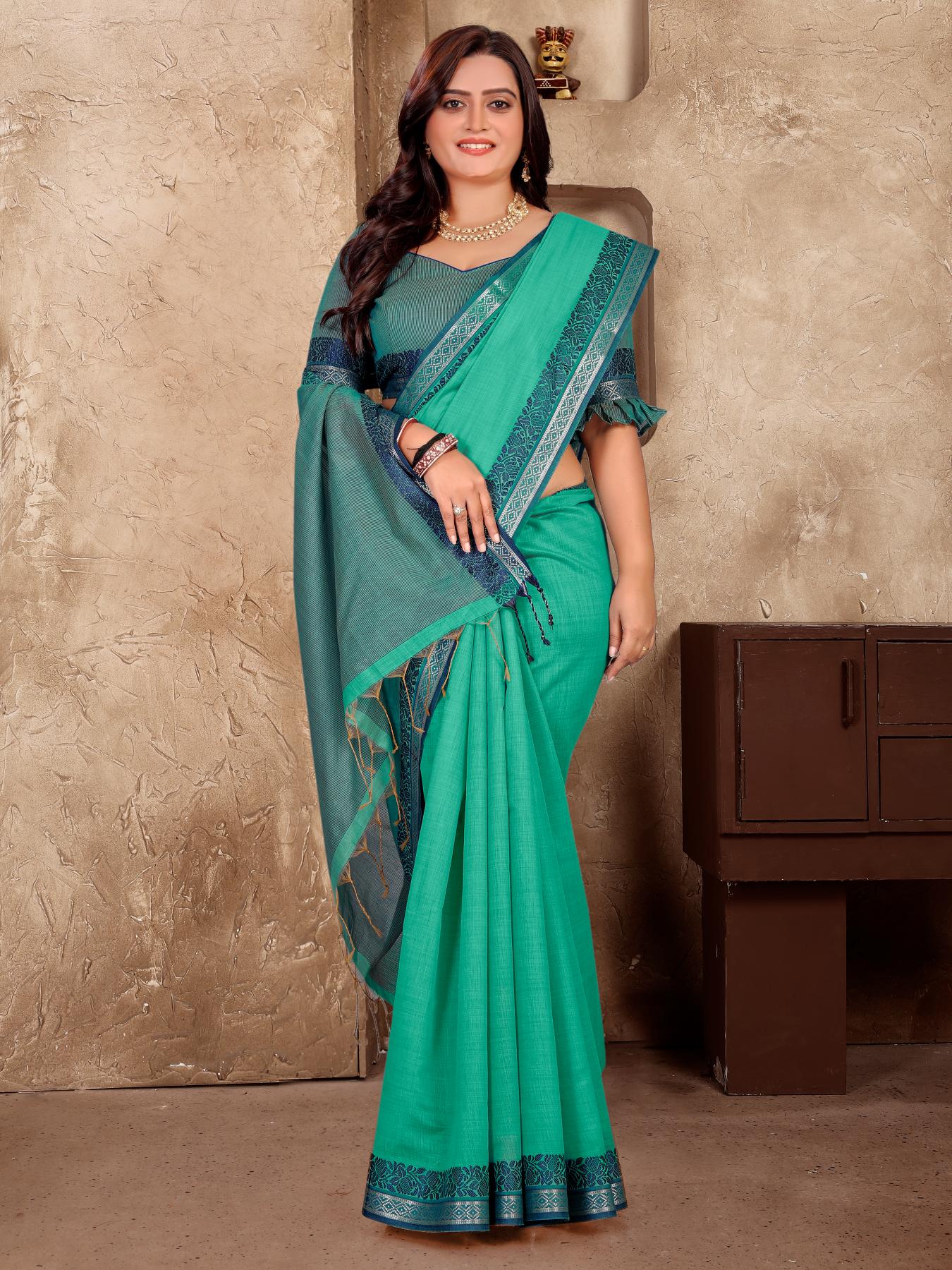 Aqua Silk Couple Set with Matching Kurta and Saree