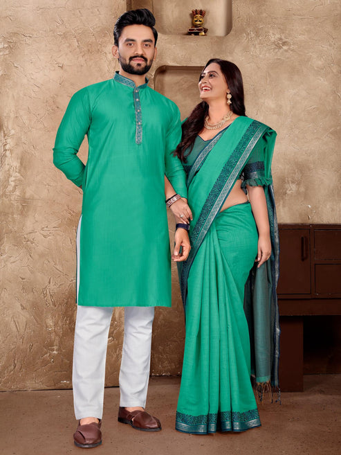 Aqua Silk Couple Set with Matching Kurta and Saree