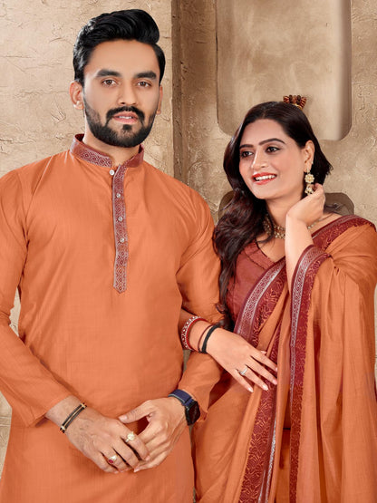 Orange Silk Couple Set with Matching Kurta and Saree