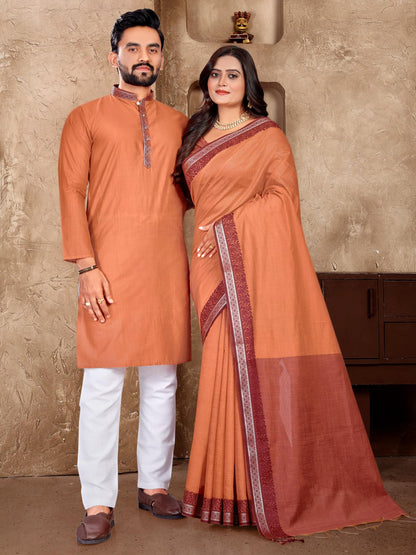 Orange Silk Couple Set with Matching Kurta and Saree