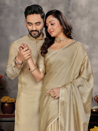 Beige Zari checks Silk Couple Set Kurta and Saree with Jacquard Border
