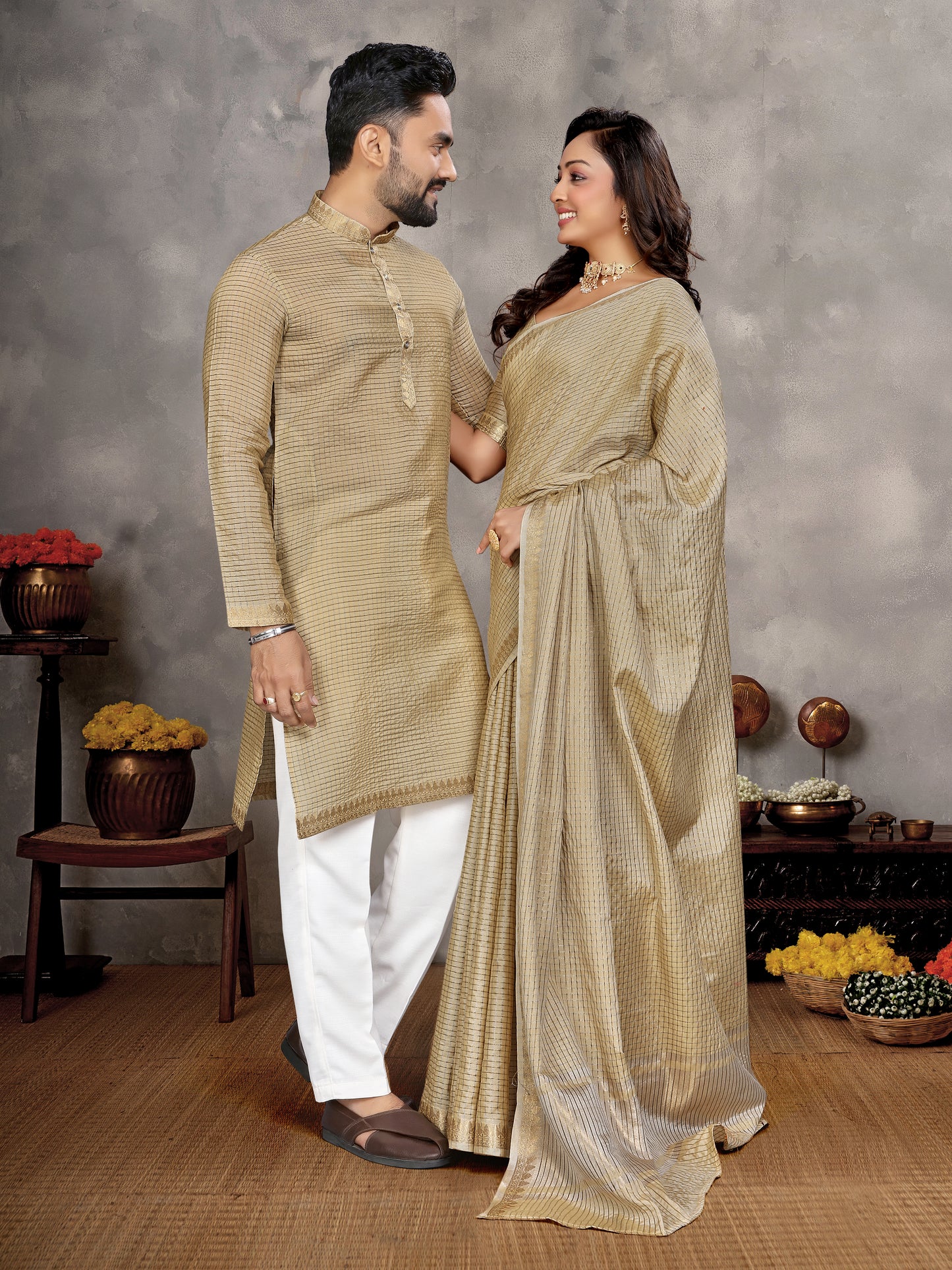 Beige Zari checks Silk Couple Set Kurta and Saree with Jacquard Border