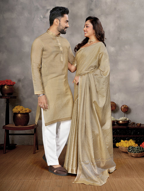 Beige Zari checks Silk Couple Set Kurta and Saree with Jacquard Border