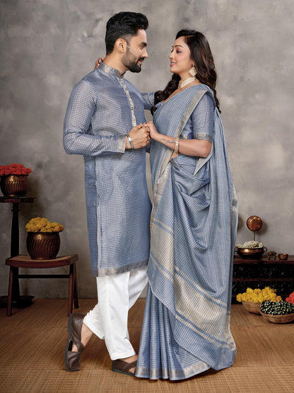 Steel Blue Zari checks Silk Couple Set Kurta and Saree with Jacquard Border