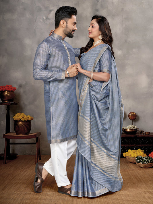 Steel Blue Zari checks Silk Couple Set Kurta and Saree with Jacquard Border