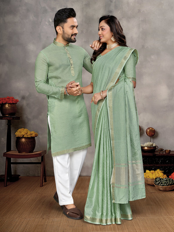 Pista Green Zari checks Silk Couple Set Kurta and Saree with Jacquard Border