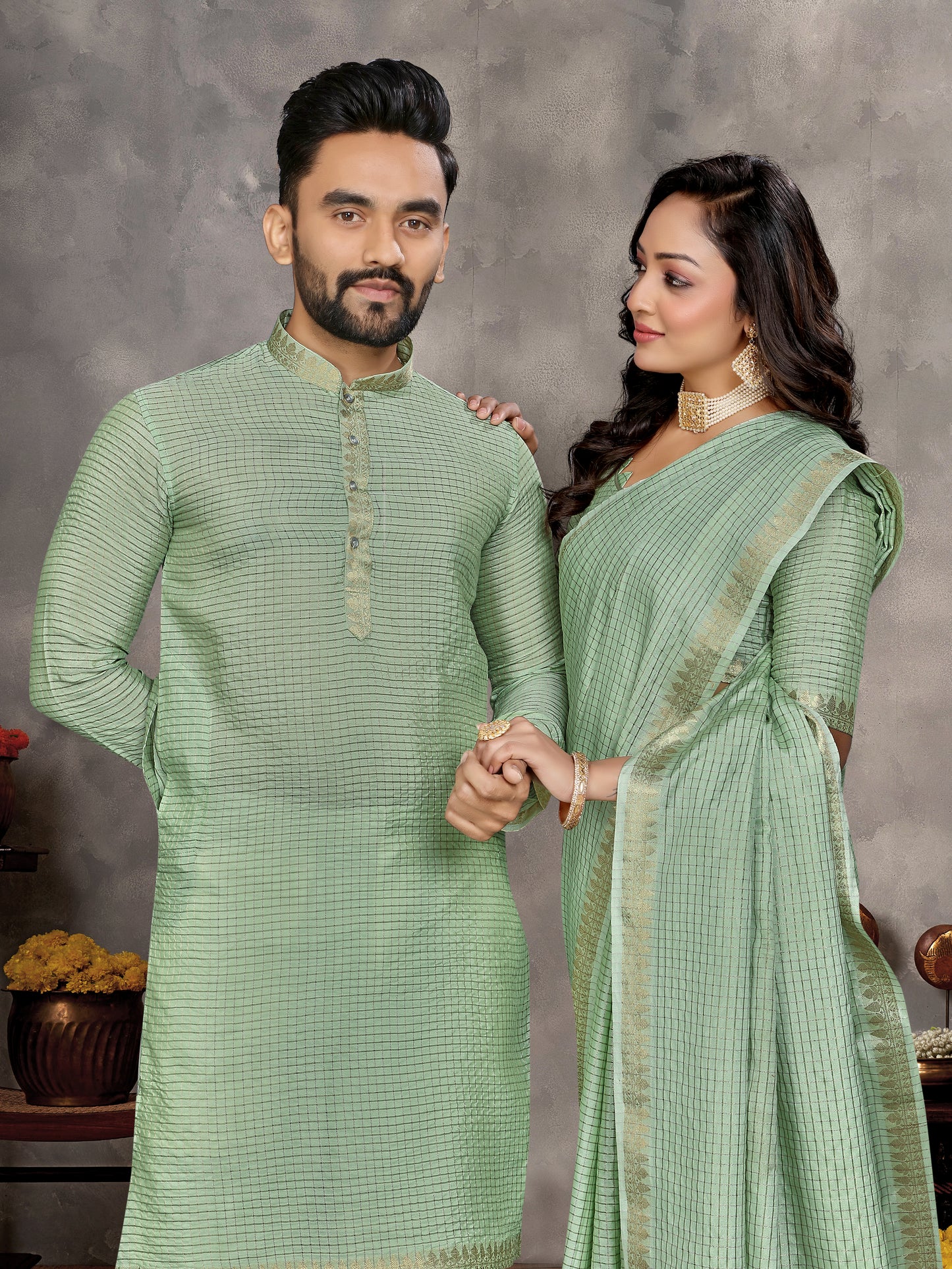Pista Green Zari checks Silk Couple Set Kurta and Saree with Jacquard Border