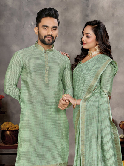 Pista Green Zari checks Silk Couple Set Kurta and Saree with Jacquard Border