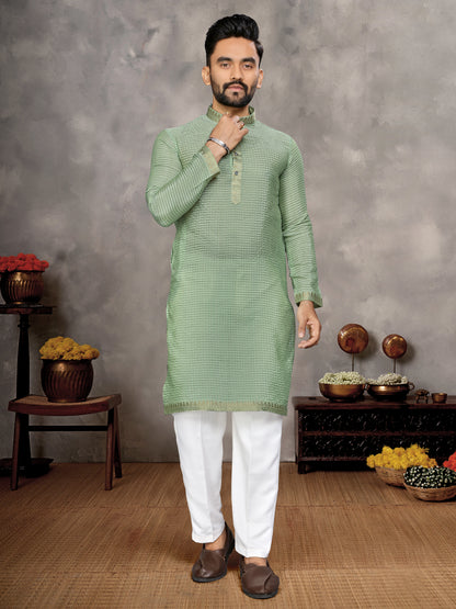 Pista Green Zari checks Silk Couple Set Kurta and Saree with Jacquard Border