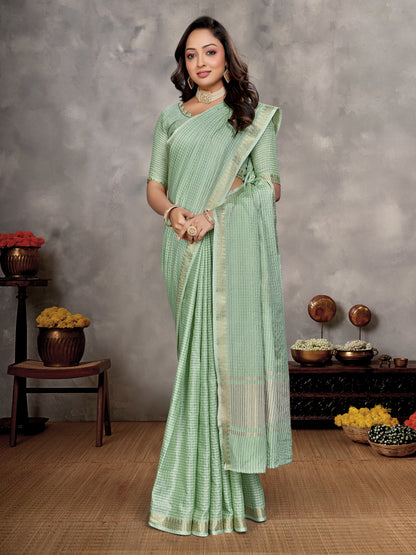 Pista Green Zari checks Silk Couple Set Kurta and Saree with Jacquard Border