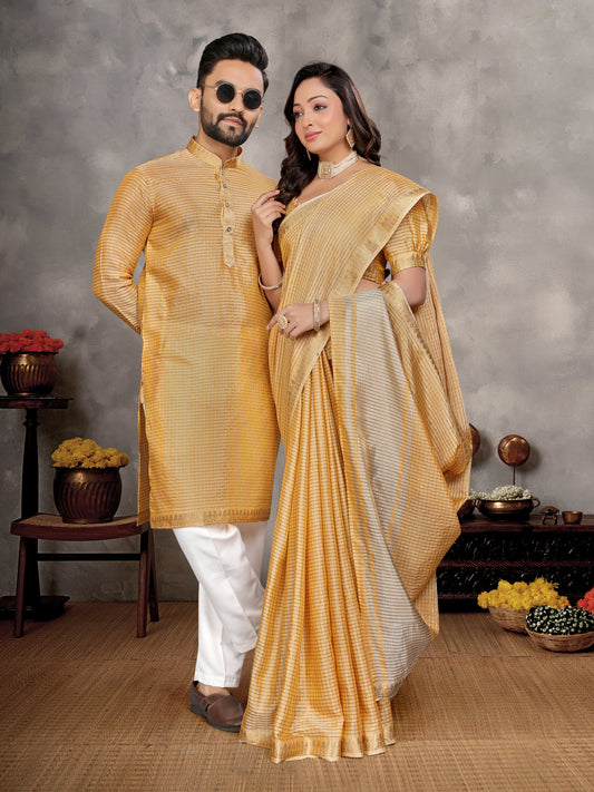 Yellow Zari checks Silk Couple Set Kurta and Saree with Jacquard Border