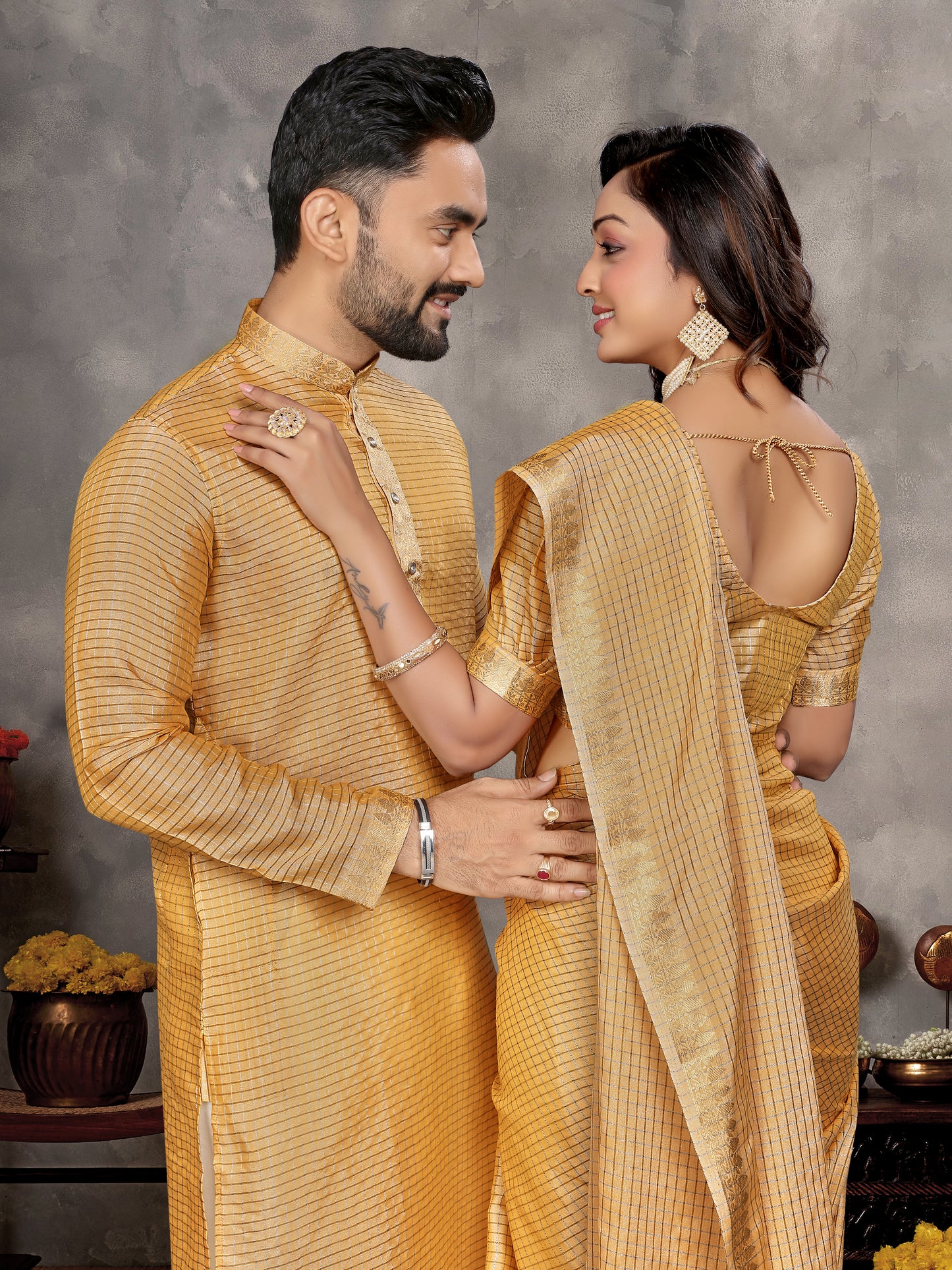 Yellow Zari checks Silk Couple Set Kurta and Saree with Jacquard Border