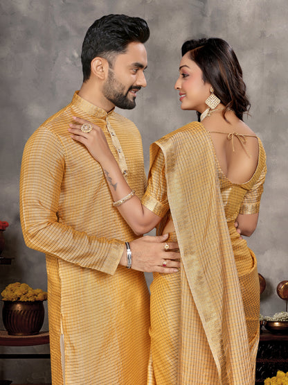 Yellow Zari checks Silk Couple Set Kurta and Saree with Jacquard Border