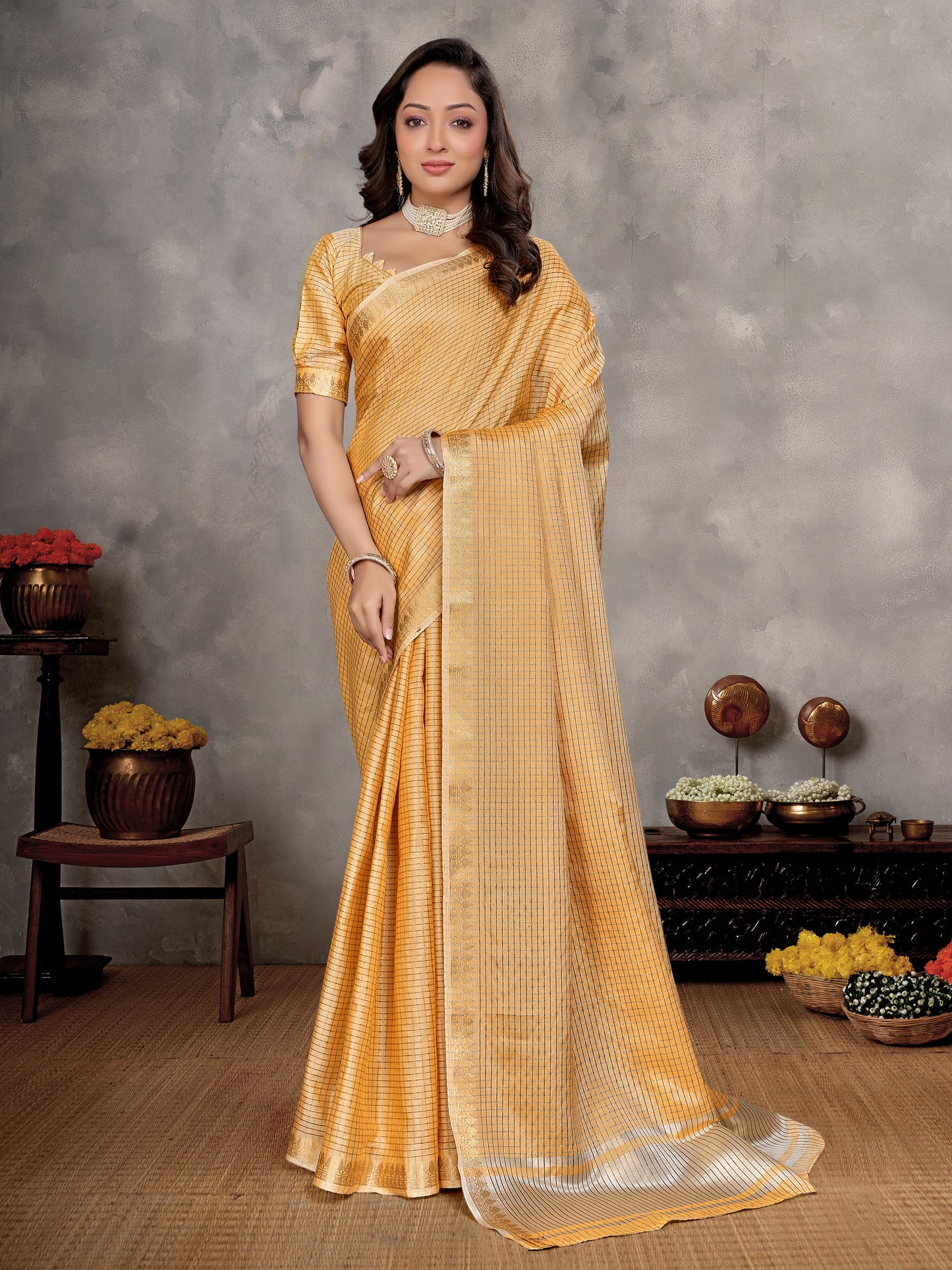 Yellow Zari checks Silk Couple Set Kurta and Saree with Jacquard Border