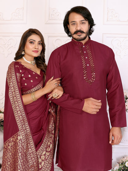 Maroon Silk Couple Set Kurta and Saree with Jacquard Border