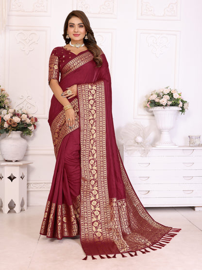 Maroon Silk Couple Set Kurta and Saree with Jacquard Border