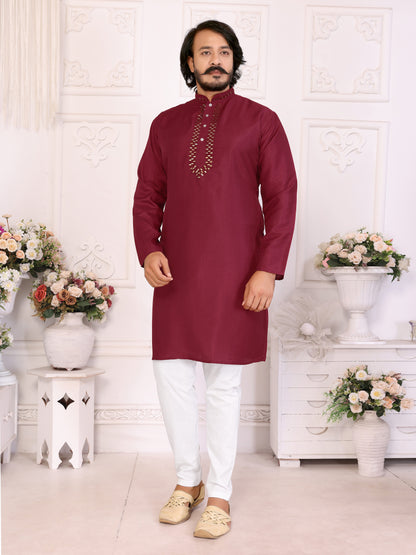 Maroon Silk Couple Set Kurta and Saree with Jacquard Border