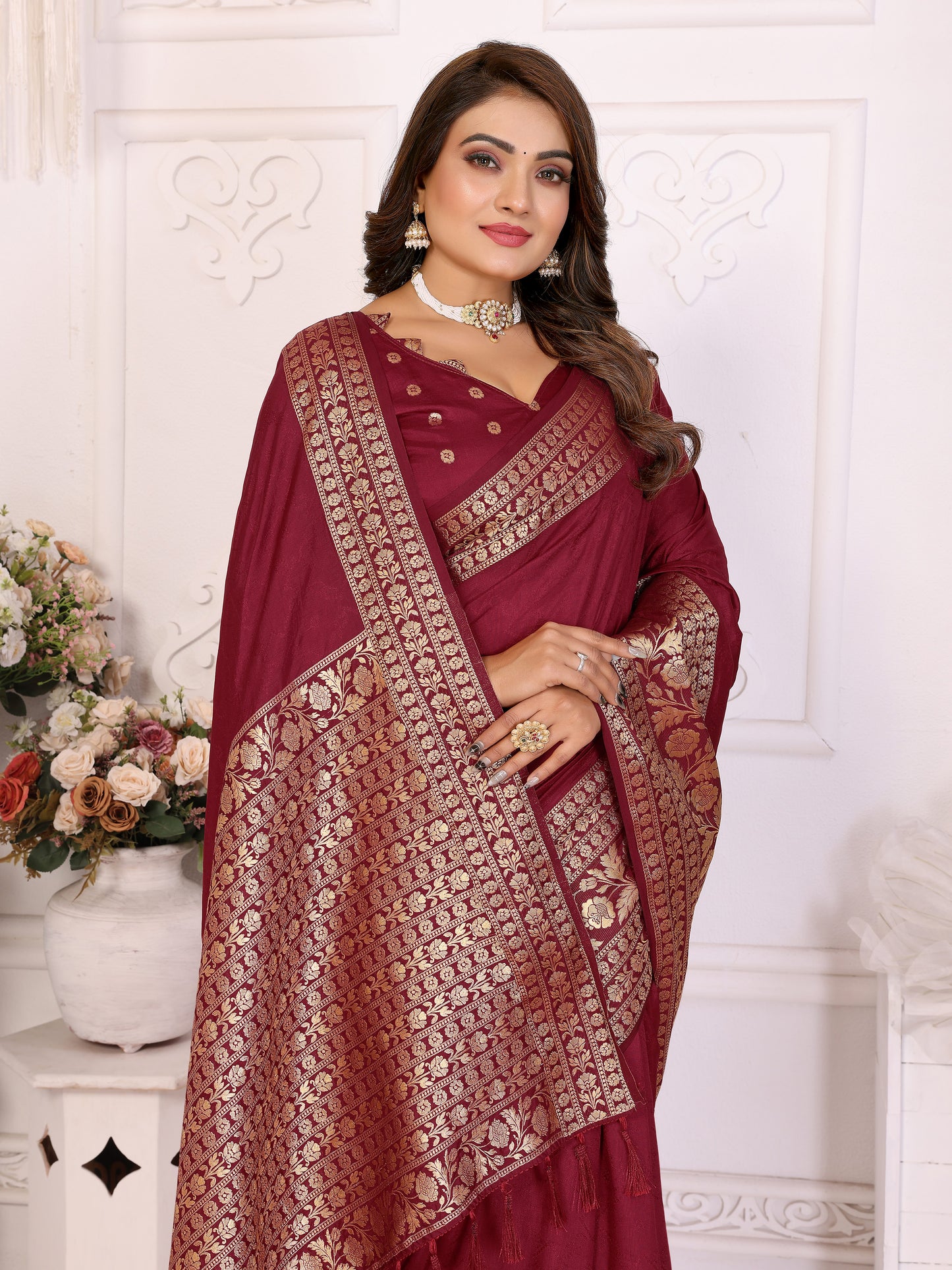 Maroon Silk Couple Set Kurta and Saree with Jacquard Border