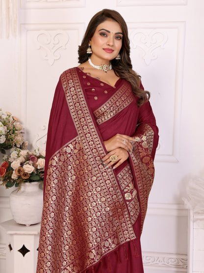 Maroon Silk Couple Set Kurta and Saree with Jacquard Border