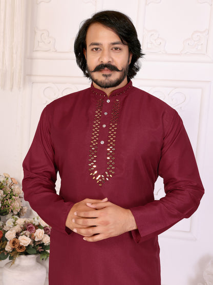 Maroon Silk Couple Set Kurta and Saree with Jacquard Border