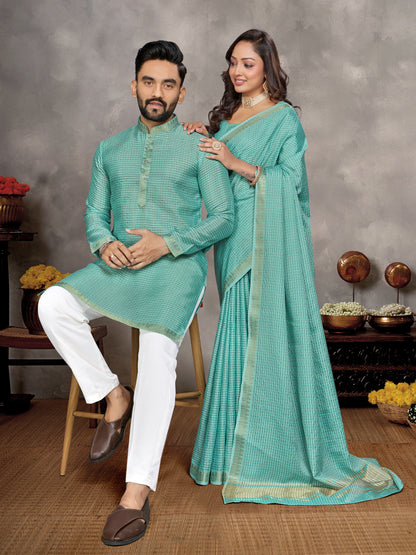 Sky Blue Zari checks Silk Couple Set Kurta and Saree with Jacquard Border