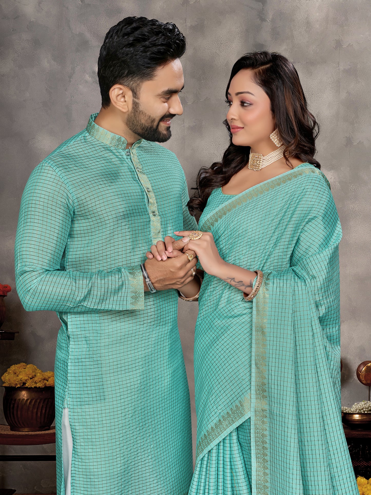 Sky Blue Zari checks Silk Couple Set Kurta and Saree with Jacquard Border