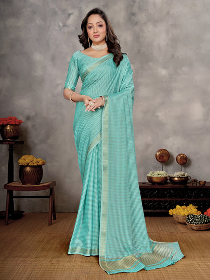 Sky Blue Zari checks Silk Couple Set Kurta and Saree with Jacquard Border