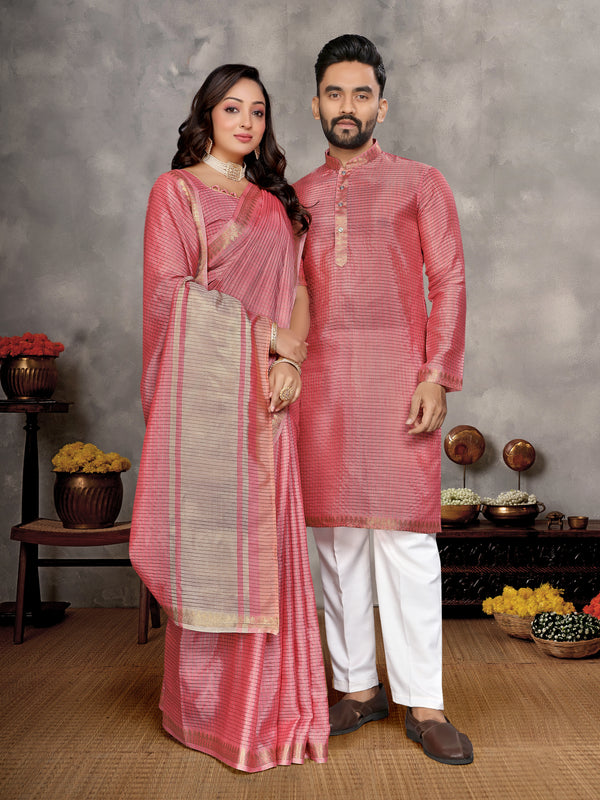 Pink Zari checks Silk Couple Set Kurta and Saree with Jacquard Border