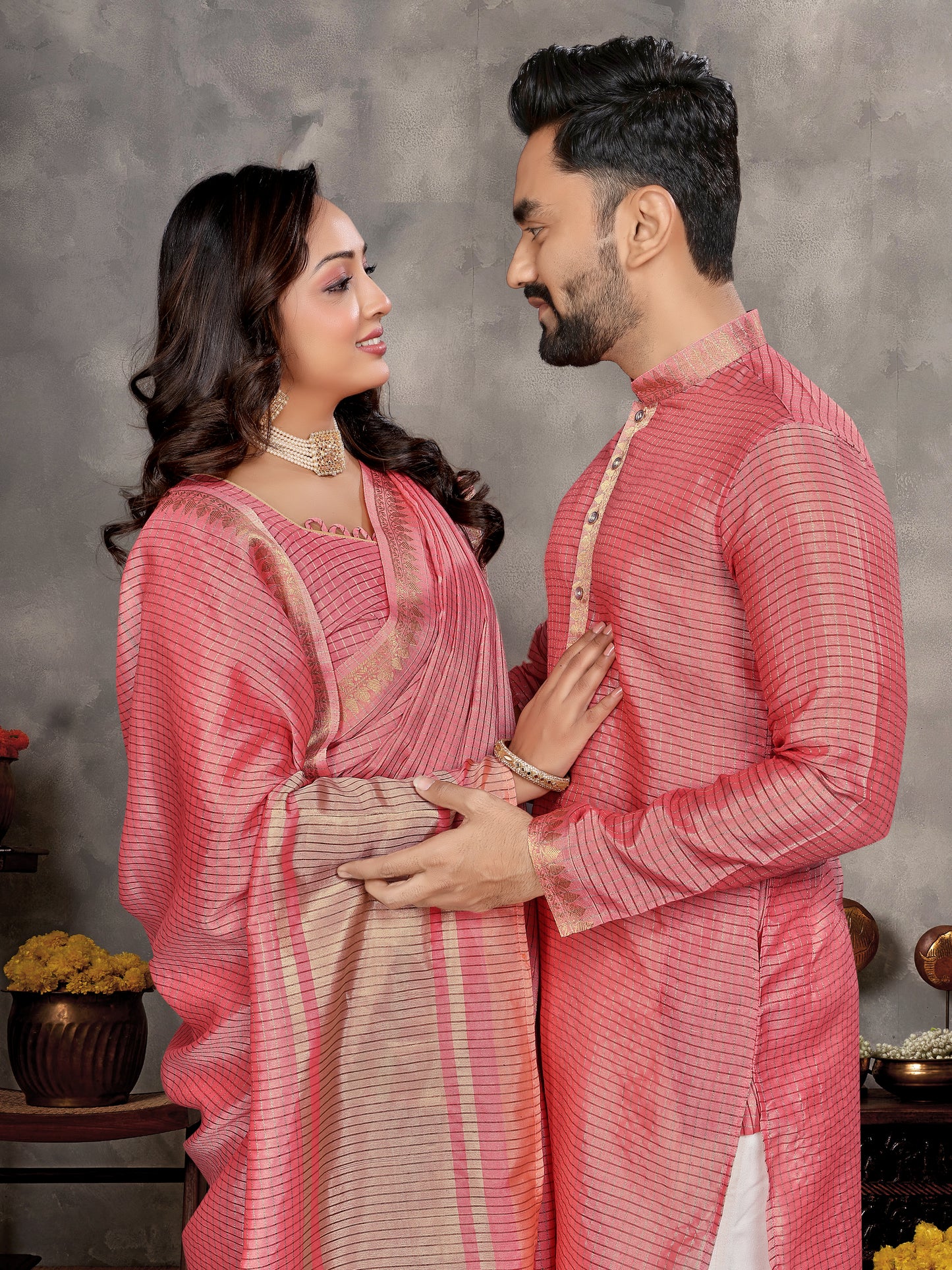Pink Zari checks Silk Couple Set Kurta and Saree with Jacquard Border