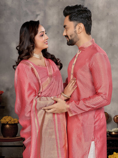 Pink Zari checks Silk Couple Set Kurta and Saree with Jacquard Border