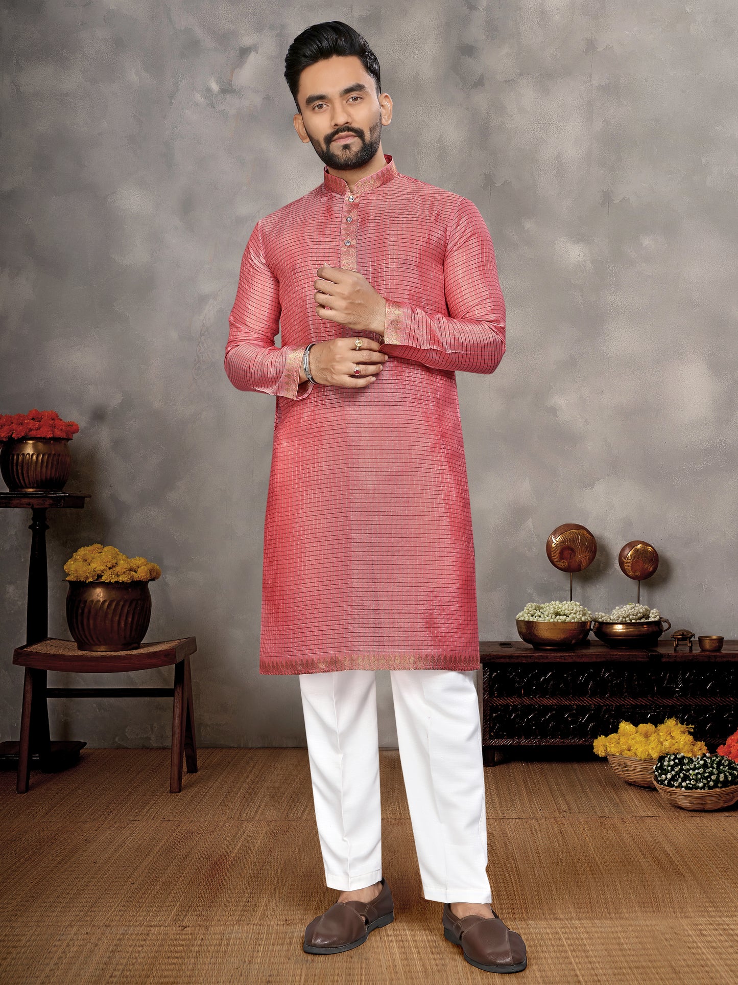 Pink Zari checks Silk Couple Set Kurta and Saree with Jacquard Border